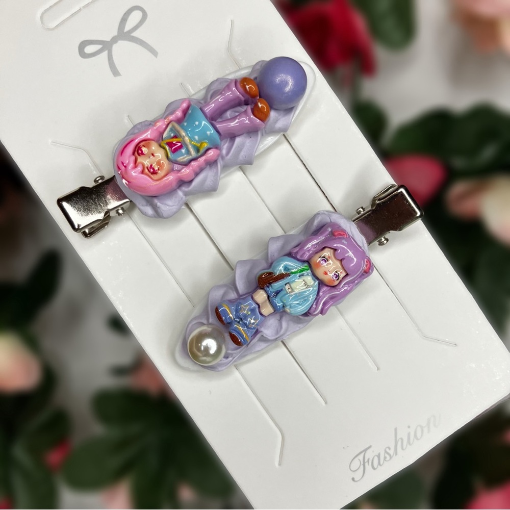 Handmade Purple Cream Glue Hair Clips with Cute Pink and Purple Hair Girls